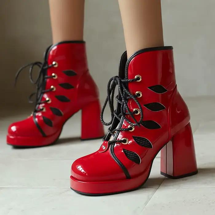 Femmes bout rond talon carré bottes courtes printemps et automne à lacets imperméable robe de Table fête confortable décontracté vêtements de travail 288-3