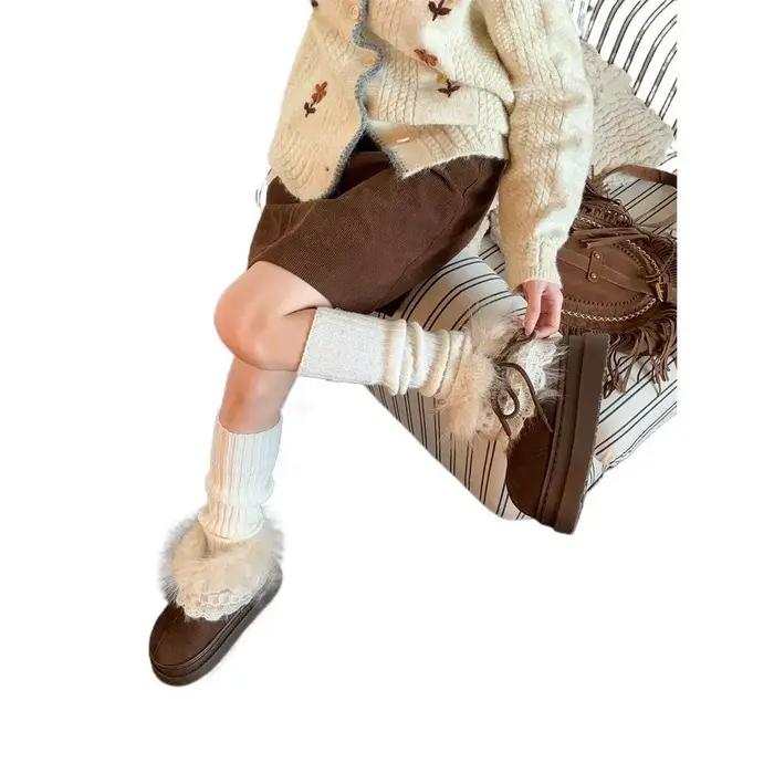 Bottes courtes d'hiver à semelle épaisse en fourrure, bottes de neige Faer Island, doublées de polaire, chaussures en coton rehaussantes pour femme, pour l'extérieur