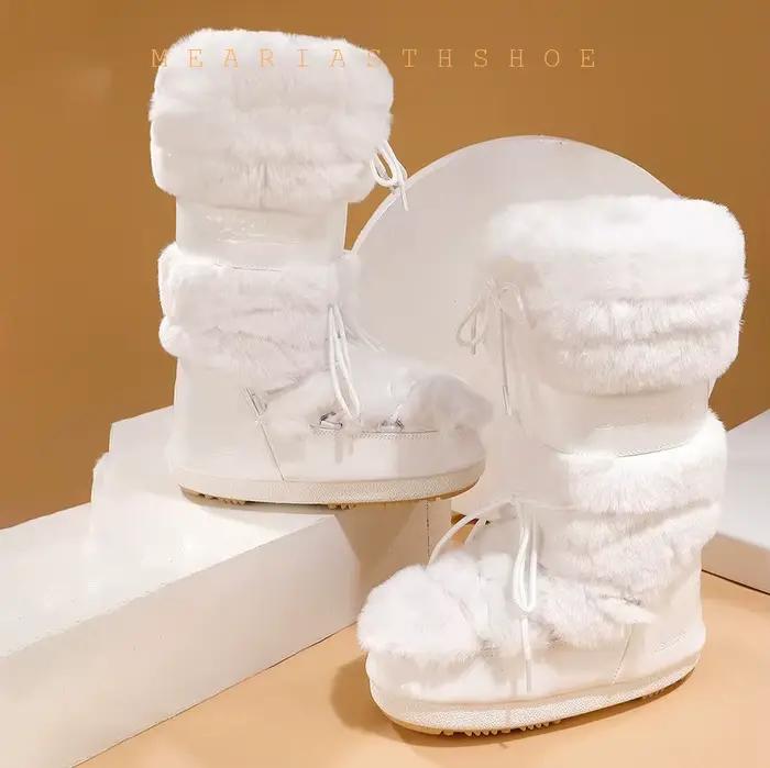 Bottes de ski neuves 2026, hiver, longues, chaudes, à semelle épaisse, en fausse fourrure blanche, imperméables et antidérapantes, bottes de neige à tige haute pour femmes