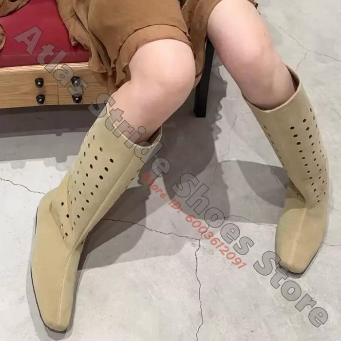 Bottes hautes kaki ajourées à bout carré, talon carré bas, en faux daim respirant, tige perforée, style rétro