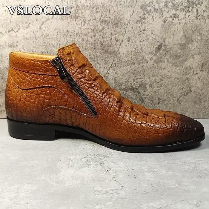 Marque de luxe hommes bottines chaussures noir marron Crocodile imprime fermeture éclair Chelsea bottes