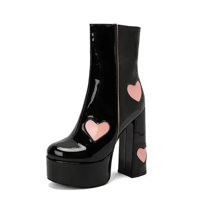 Bottines à talons hauts et plateforme pour femmes, bottines épaisses imprimées cœur, mode Vintage, imperméables, confortables, Style moderne, courtes, 2024