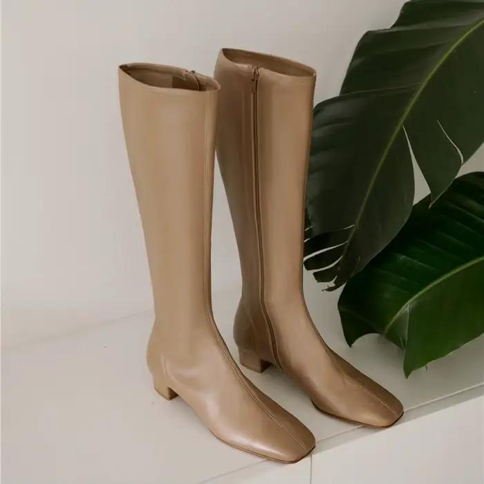 Meotina femmes bottes d'équitation chaussures en cuir véritable talon bas bottes longues fermeture éclair bout carré talons épais bottes longues femme automne hiver