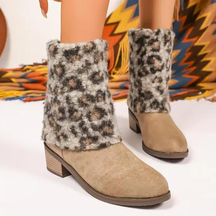Léopard polaire talon épais mi-mollet bottes femmes hiver luxe daim concepteur