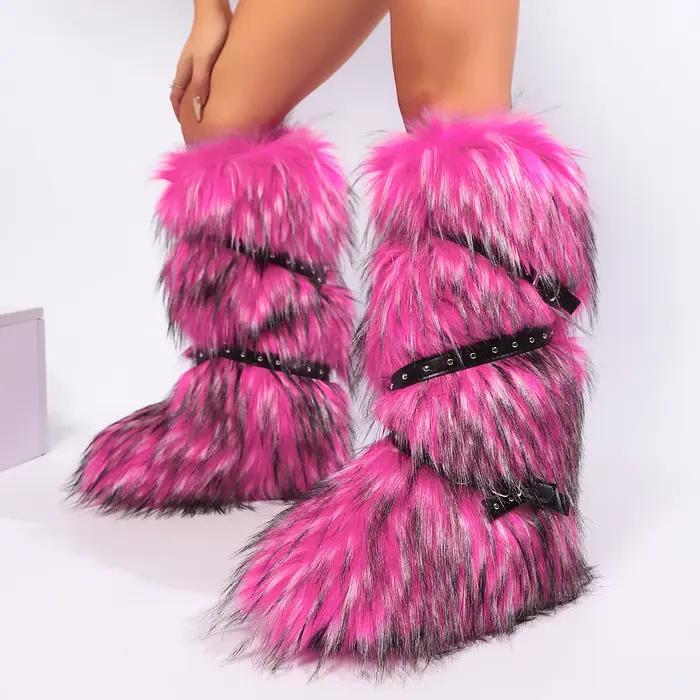 Bottes à plateforme mi-mollet avec ceinture en fourrure animale rouge pour femme, Parker rond, peluche, chaud, sans lacet, rivet, chaussures de piste, sexy, hiver