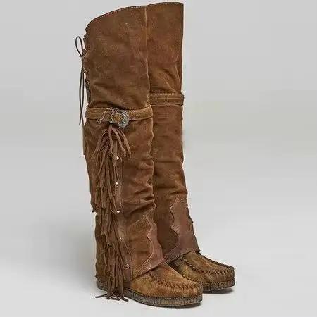 Mode bohême genou longueur femmes bottes personnalité ethnique botte haute glands Faux daim