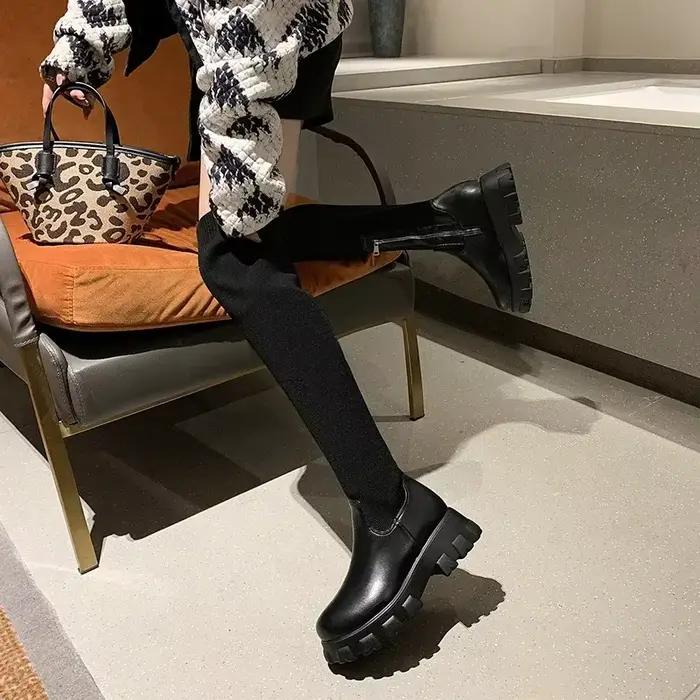 Bottes à Talons Épais pour Femme, Fermeture Éclair Latérale, Au-Dessus du Genou, Plateforme à la Mode