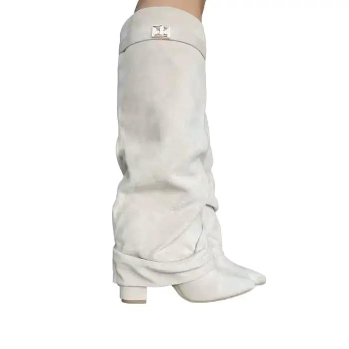 Nouvelles Bottes Hautes Femme 2026 à Boucle Métallique, Bout Pointu, Talons Hauts, Bottes Longues Solides pour Femme, Chaussures de Qualité pour Dames