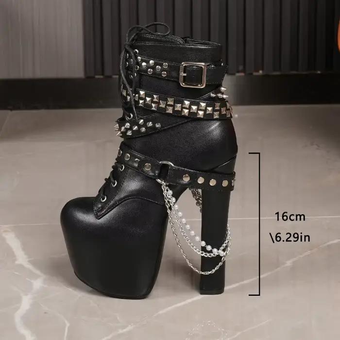 Bottes noires à talons Super hauts pour femmes, plateforme épaisse de 16CM, talon épais en métal, bottes courtes à lacets, nouvelle collection 2025, grande taille