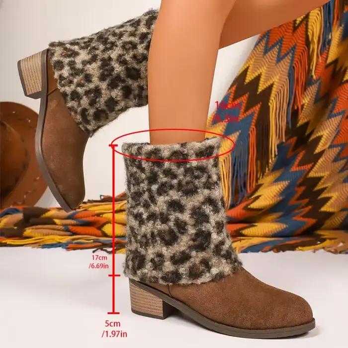 Léopard polaire talon épais mi-mollet bottes femmes hiver luxe daim concepteur