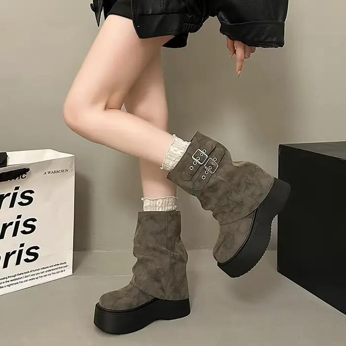 Bottines mi-mollet punk pour femme à plateforme, double boucle, style décontracté, semelle épaisse, bottines courtes, automne-hiver, doublées chaudes, bottines quotidiennes