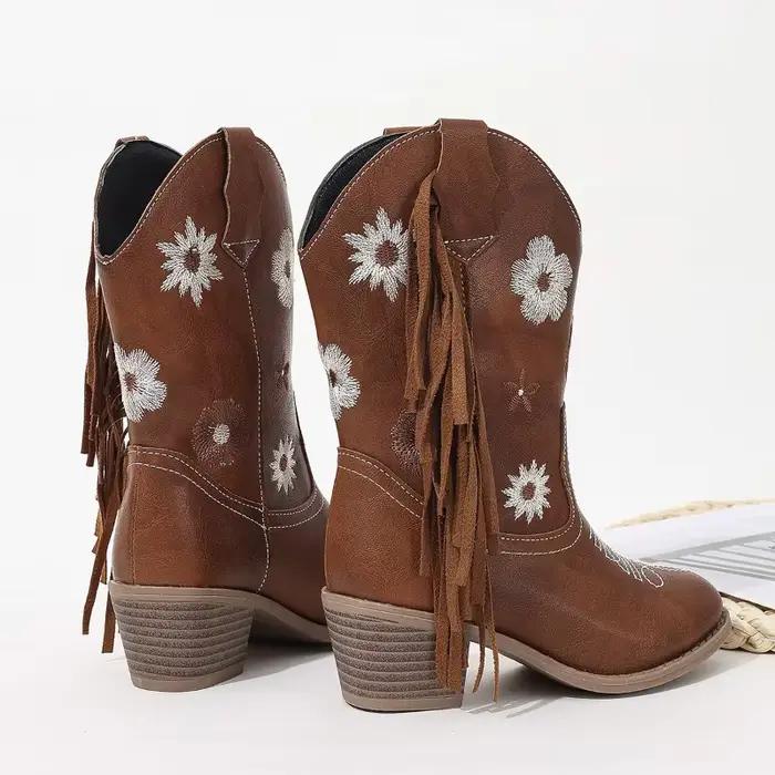 Bottes de cowboy brodées florales pour filles, bottes longues marron à pompons pour enfants, bottes à talons pointus pour enfants, style western, nouveauté 2026