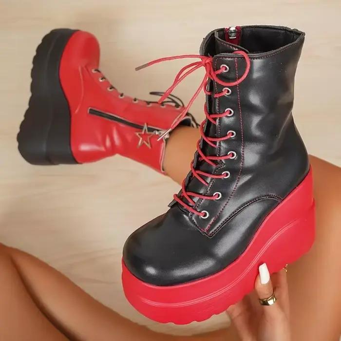 11CM nouveau Design femmes Punk gothique moto bottes plate-forme gros talon haut bottine dames Cool coin noir rouge femme chaussures