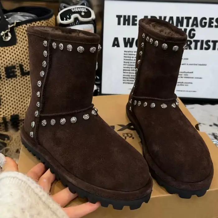 Bottines plates pour femmes en daim avec cristaux, chaussures de créateur, nouvelles bottes de neige chaudes pour l'hiver 2026, mode confortable en coton, Botas Mujer Zapatos