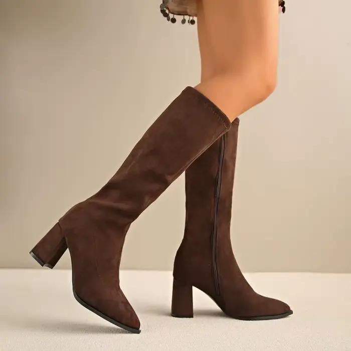 Nouvelles Bottes Longues Femme en Daim Élégantes et Tendance à Talons Hauts 2026 – Chaussures de Soirée Hiver