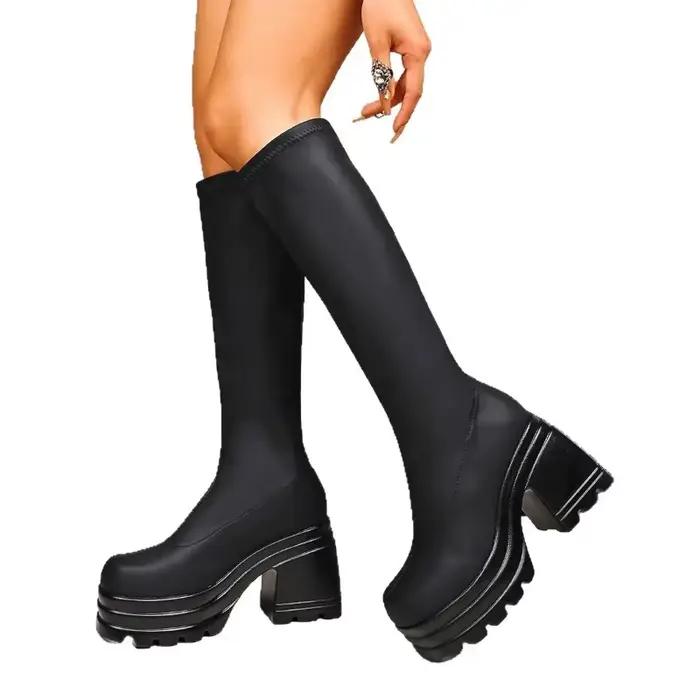 Bottes de chevalier à bout carré pour femmes, grande taille, fond épais, Style britannique, Tube Long, automne hiver, talons hauts, couleur Pure, pour adultes