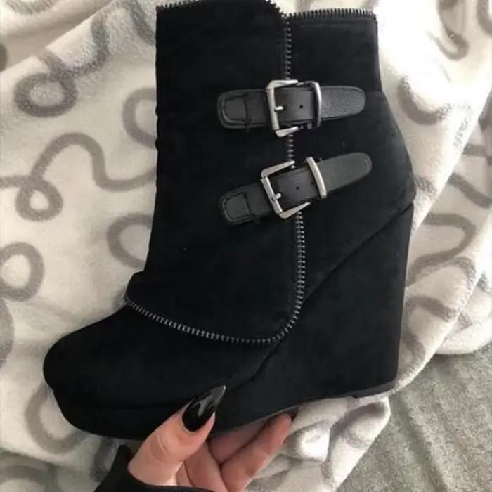Bottines à talon compensé en daim pour femme, couleur unie, à fermeture éclair, bout rond, style suspender, NOUVEAUTÉ 2025