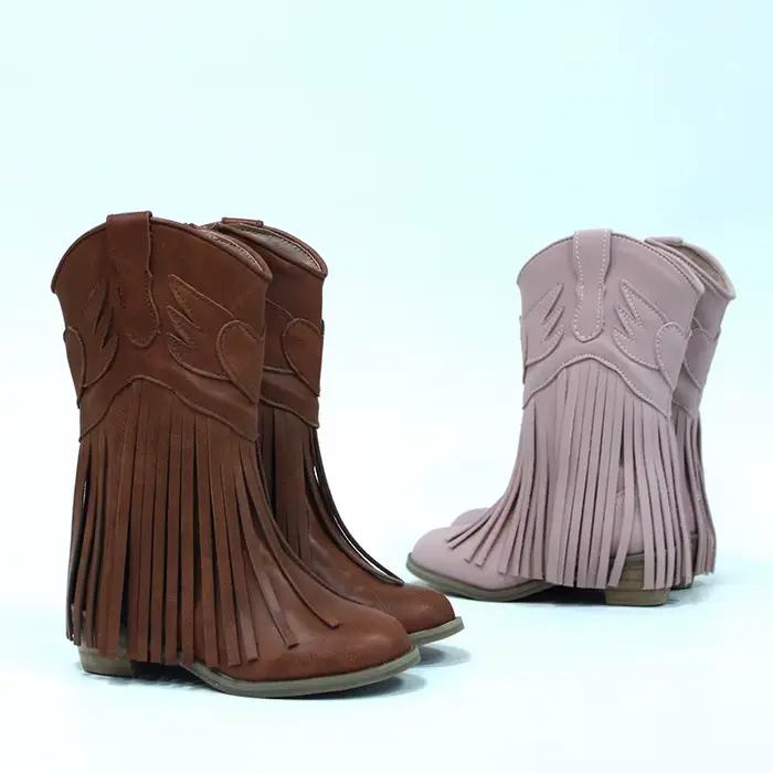 Bottes mi-mollet vintage style western pour filles, bébés, tout-petits et jeunes enfants, souples, à franges hautes, avec fermeture éclair latérale, mode automne-hiver