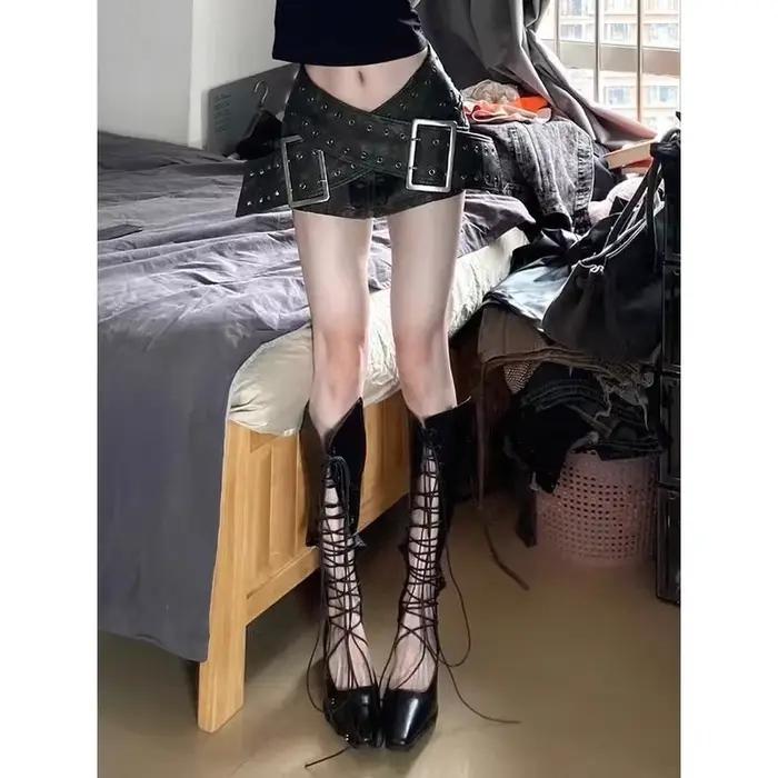 Bottes longues ajourées pour femmes, à talon haut, style chevalier, respirantes, avec fines lanières, semelle en caoutchouc, en cuir synthétique
