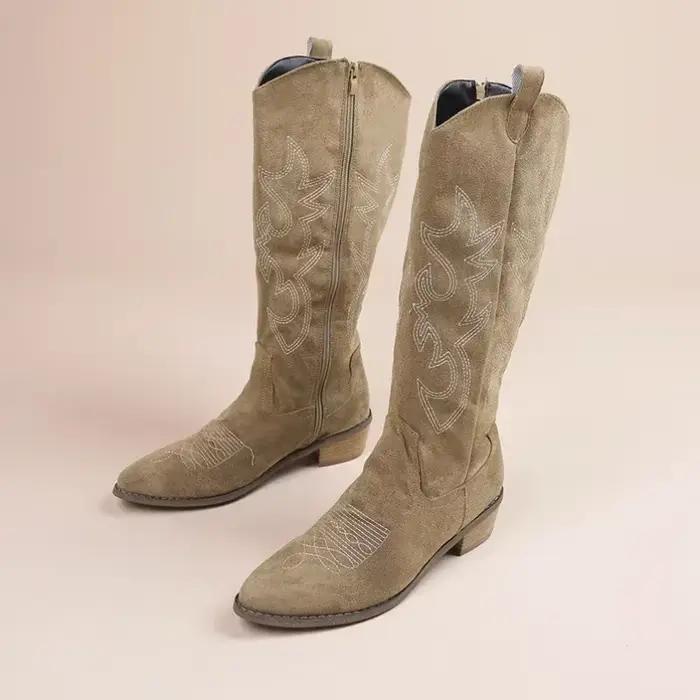 Bottes de cowgirl brodées en nubuck pour femmes, hautes au genou, talon carré, printemps automne, confort et élégance pour toutes les occasions