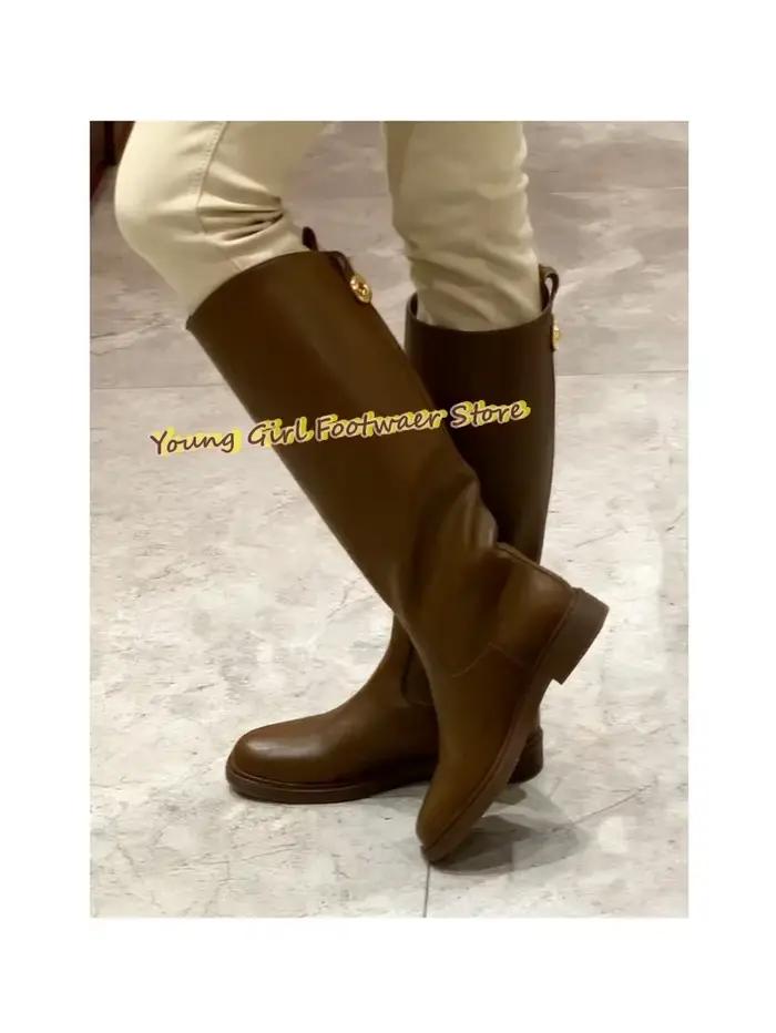 Bottes en cuir véritable pour femmes, au-dessus du genou, à bout rond, talons bas, style chevalier, couleur orange, modèles d'hiver, talons de Noël