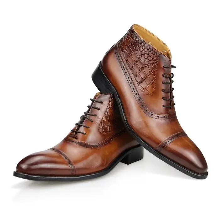 Bottes de rinçage en cuir véritable pour hommes, robe de mariée élégante, bureau formel, Parker pointu, chaussures à lacets, Brogue de luxe pour adultes, mode