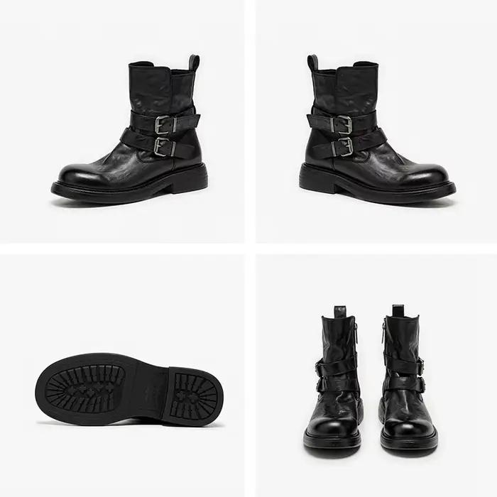 BEAUTODAY-Bottes de rinçage en cuir de vache pour femme, chaussures de style britannique faites à la main, automne et hiver, 03D58