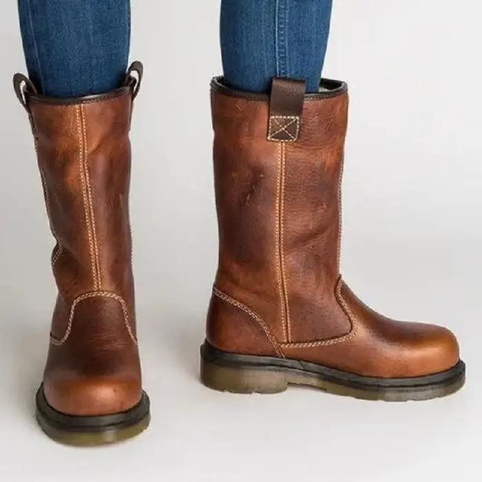 Bottes mi-mollet marron pour femmes, chaudes pour l'hiver, doublées de fausse fourrure, semelle en caoutchouc, chaussures décontractées à talon bas, bout rond, bottes à enfiler pour l'extérieur.