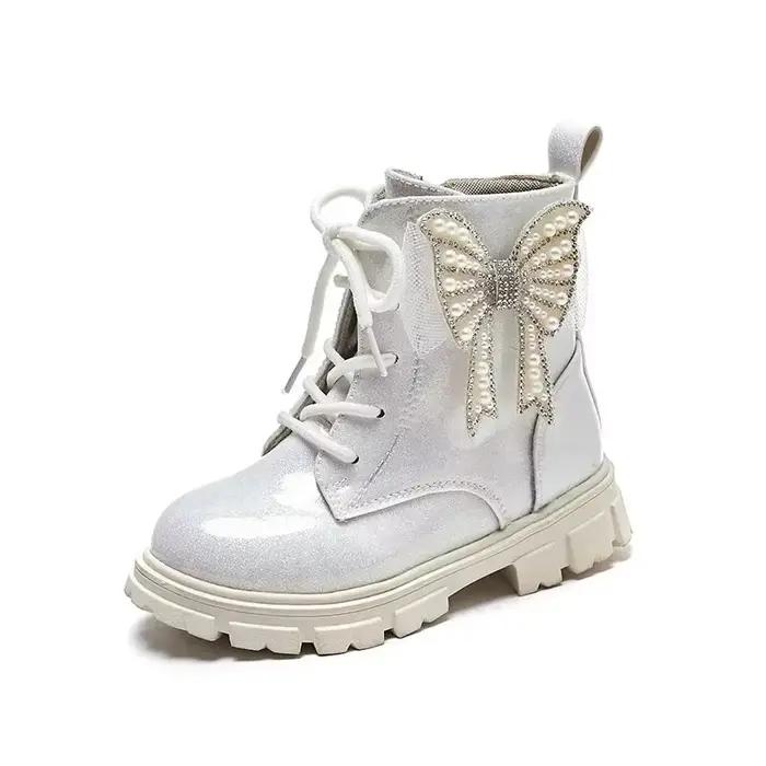 Bottes de rinçage imperméables pour filles, bottes de princesse pour enfants Catwalk, perles papillon, PU brillant noir, chic et unique, mode enfant, 2024