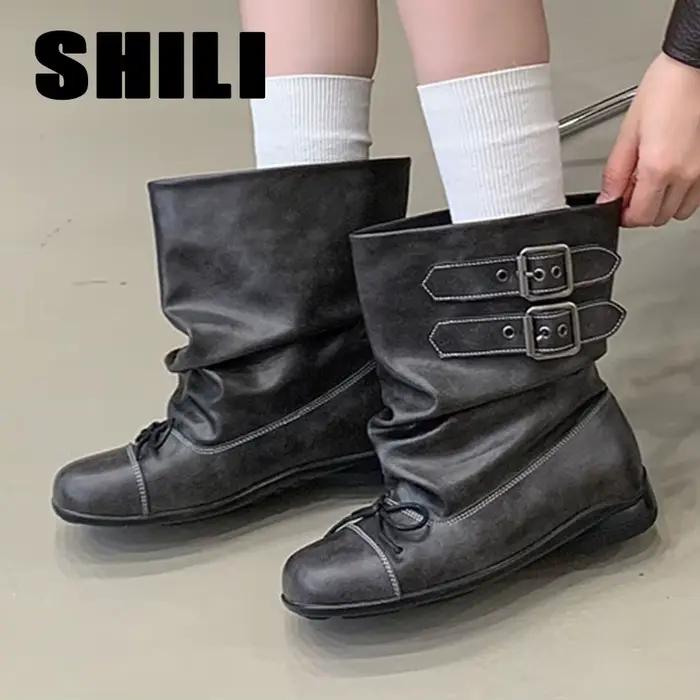 Bottes punk de créateur pour femme, bottines d'hiver, bottes Chelsea pour femme, tendance 2027, bottes de motard style gladiateur à boucle, Botas mujer