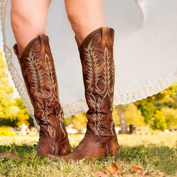 2025 nouvelle marque broder Design femmes genou bottes hautes bout pointu talon brut femme bottes longues dames élégant Slim Fit bottes