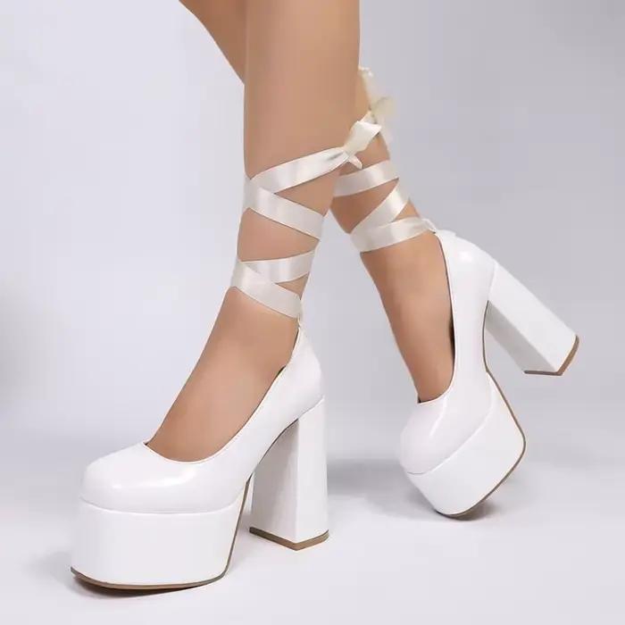Chaussures à talons hauts compensés pour femmes, bout rond, avec ruban et lacets, sexy, pour soirée, mariage, robe de soirée, pour dames