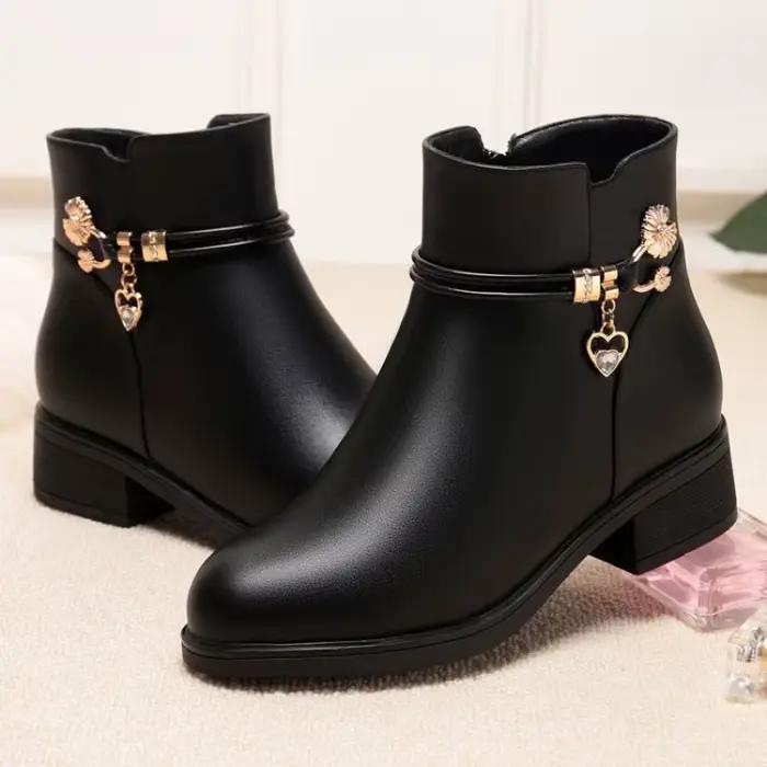 2025 bottes courtes en fourrure de cuir souple d'hiver pour femmes-chaussures en coton chaud à talon épais