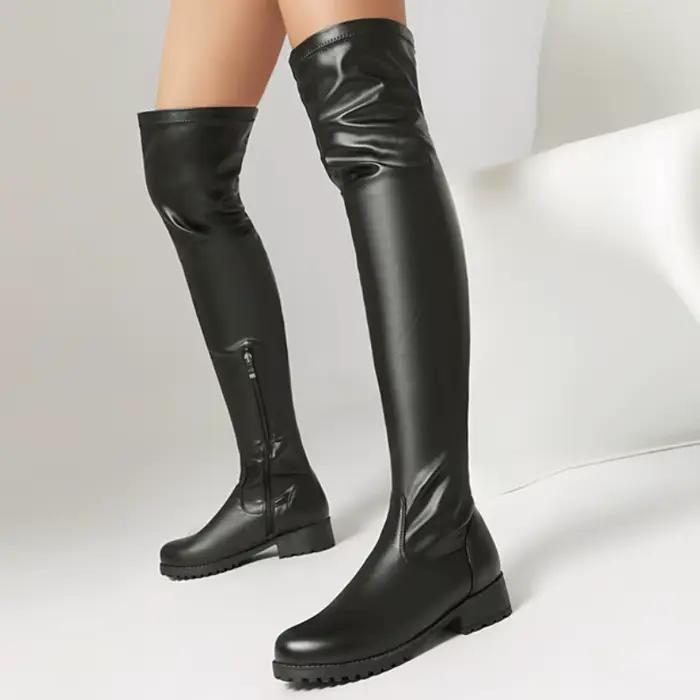 Bottes élastiques au dessus du genou pour femmes, cuissardes hautes, noires et rouges, chaussures de fête longues, grande taille 48, automne hiver