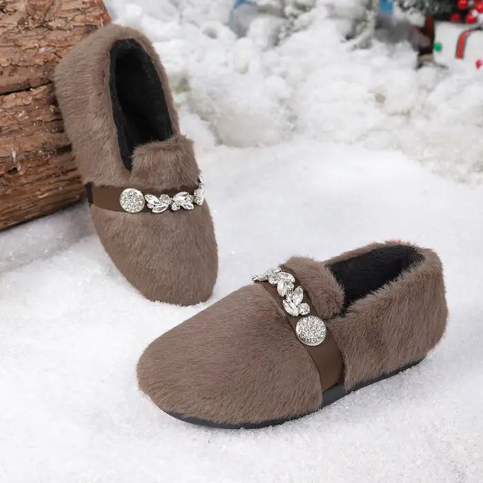 Bottes pour femmes, bottes en fourrure, bottes d'hiver, fourrées, moelleuses, décorées de strass, à enfiler, doublées de polaire, à semelle souple, chaussures décontractées pour femmes, pour l'extérie