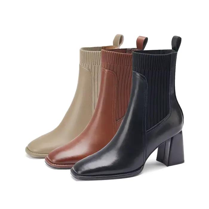Bottes de rinçage en cuir de vachette fendu pour femmes, talon carré, doublure en laine, bottes chaussettes à enfiler, talon élevé, design mature, hiver, occassions spéciales