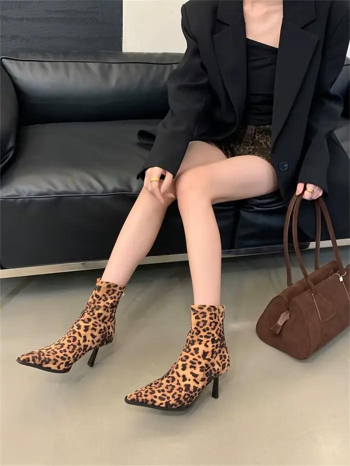 Bottes à talons hauts pour femmes, imprimé léopard, bottines d'automne élégantes à bout pointu, chaussures courtes pour femmes