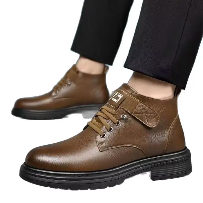 Bottes d'hiver pour hommes en cuir et coton à tige haute, doublées de polaire, antidérapantes, polyvalentes, chaussures décontractées pour toutes les saisons