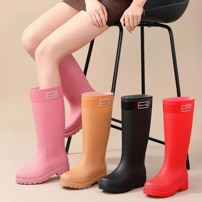 Bottes de pluie roses de haute technologie pour femmes, bottes longues de couleur claire, chaussures à colle à la mode, bottes de pluie longues douces et fraîches