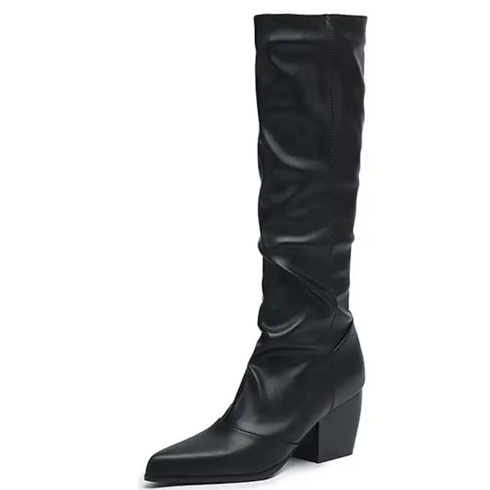Mode femmes genou bottes hautes automne hiver chaud noir marron plissé botte occidentale talons épais chaussures longues dames