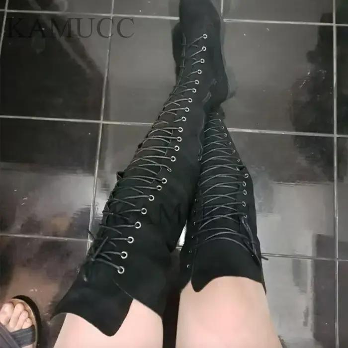 Six couleurs décontracté femmes bottes talons bas troupeau hiver sur genou bottes pour femme 2023 à lacets mode femme cuissardes hautes bottes