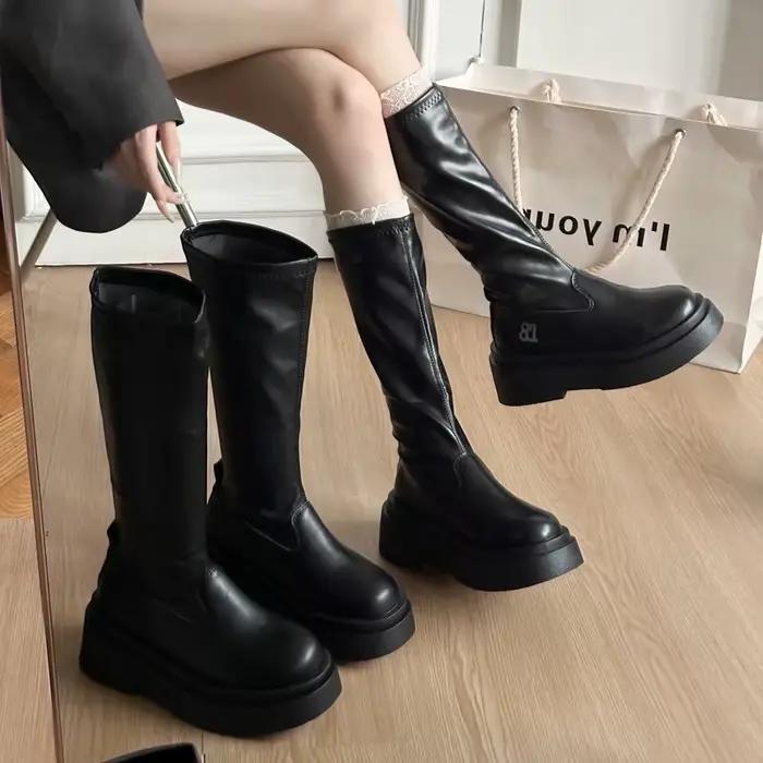 Bottes d'automne et d'hiver pour femmes, deux Styles: bottines Super extensibles, hauteur des genoux, jambes fines et plateforme gothique, hauteur Boost