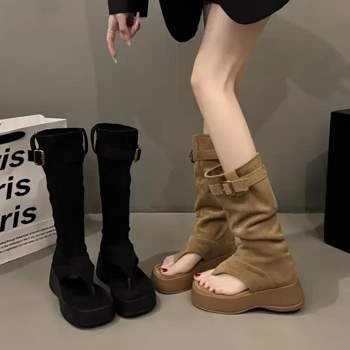 Bottes longues rehaussantes marron pour femmes, mi-mollet, bottes extensibles, tissu, semelle PVC, doublure en tissu en coton, pour toutes occasions, été 2025
