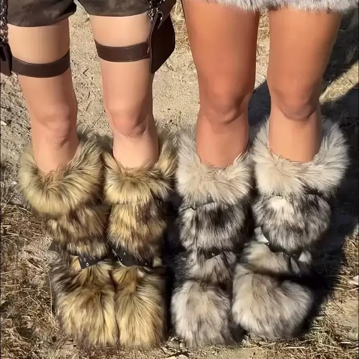 Bottes à plateforme mi-mollet avec ceinture en fourrure animale rouge pour femme, Parker rond, peluche, chaud, sans lacet, rivet, chaussures de piste, sexy, hiver