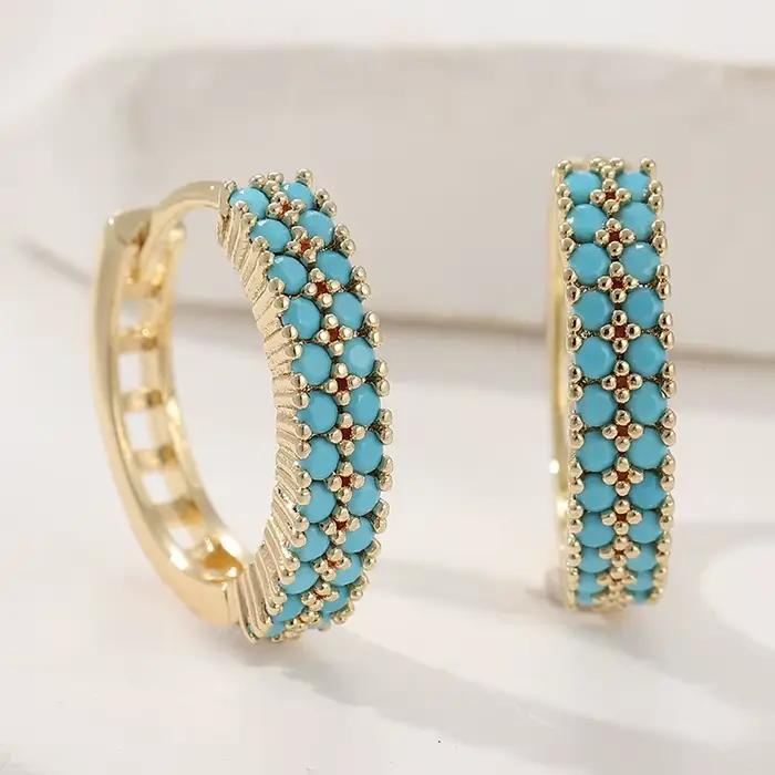 Boucles d'oreilles turquoise synthétiques rétro à Double rangée, exquises et élégantes, bijoux classiques pour femmes, accessoires de bijoux de vacances