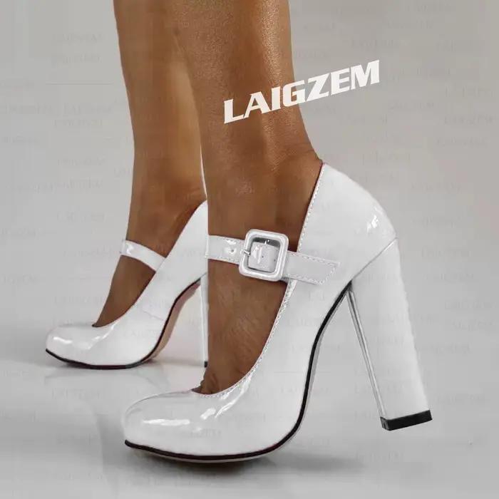LAIGZEM femmes pompes bout rond épais talons hauts brillant mariage bal dames fête chaussures à la main femme grande taille 39 41 44 52