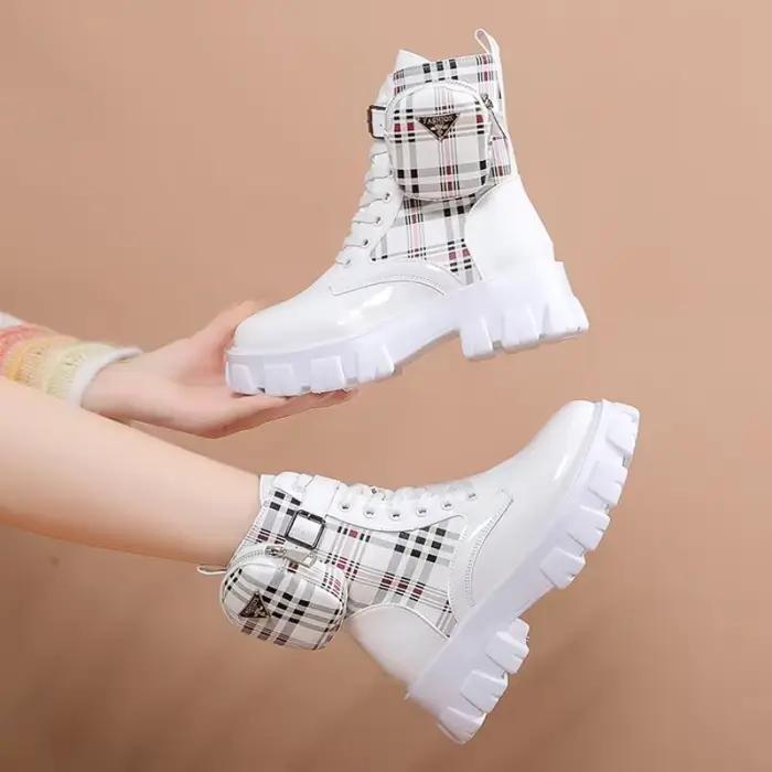 Bottines à fond épais avec boucle à tête ronde, petit sac en cuir, bottes courtes confortables pour femmes, mode automne