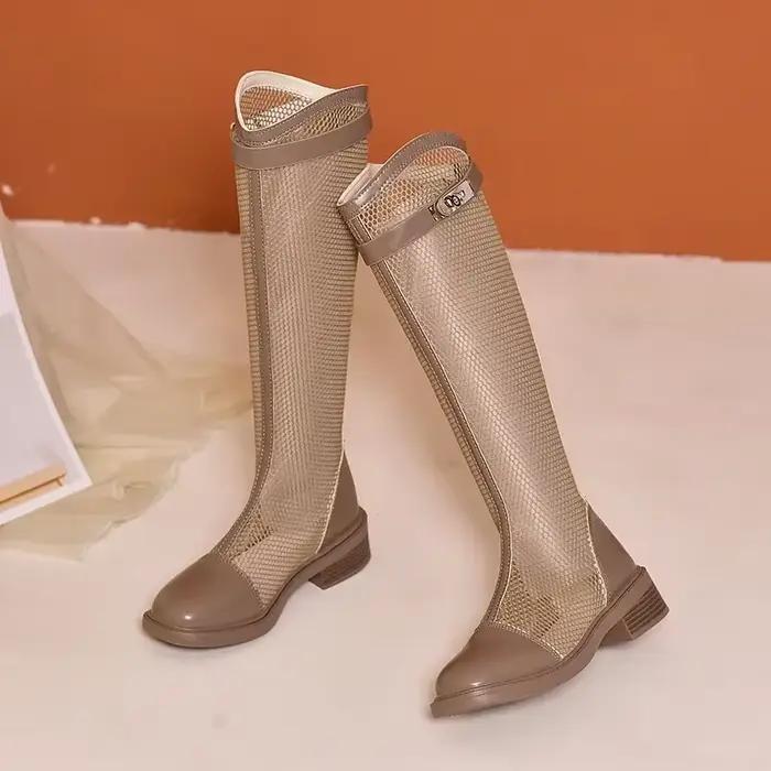 Bottes longues froides pour femmes, bottes à talons, chaussures en maille au genou, surface optique, tout porter, été, nouvelle mode, 2024