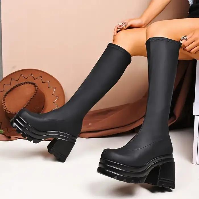 Bottes de chevalier à bout carré pour femmes, grande taille, fond épais, Style britannique, Tube Long, automne hiver, talons hauts, couleur Pure, pour adultes