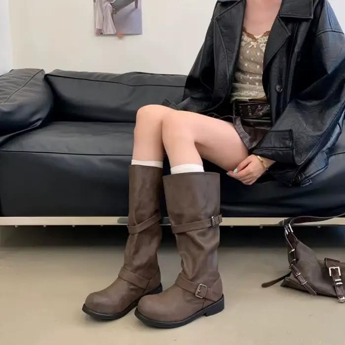 Bottes de cowboy occidentales pour femmes, bottes hautes à talon épais et bout rond, en cuir PU, pour l'automne, modèle 15582